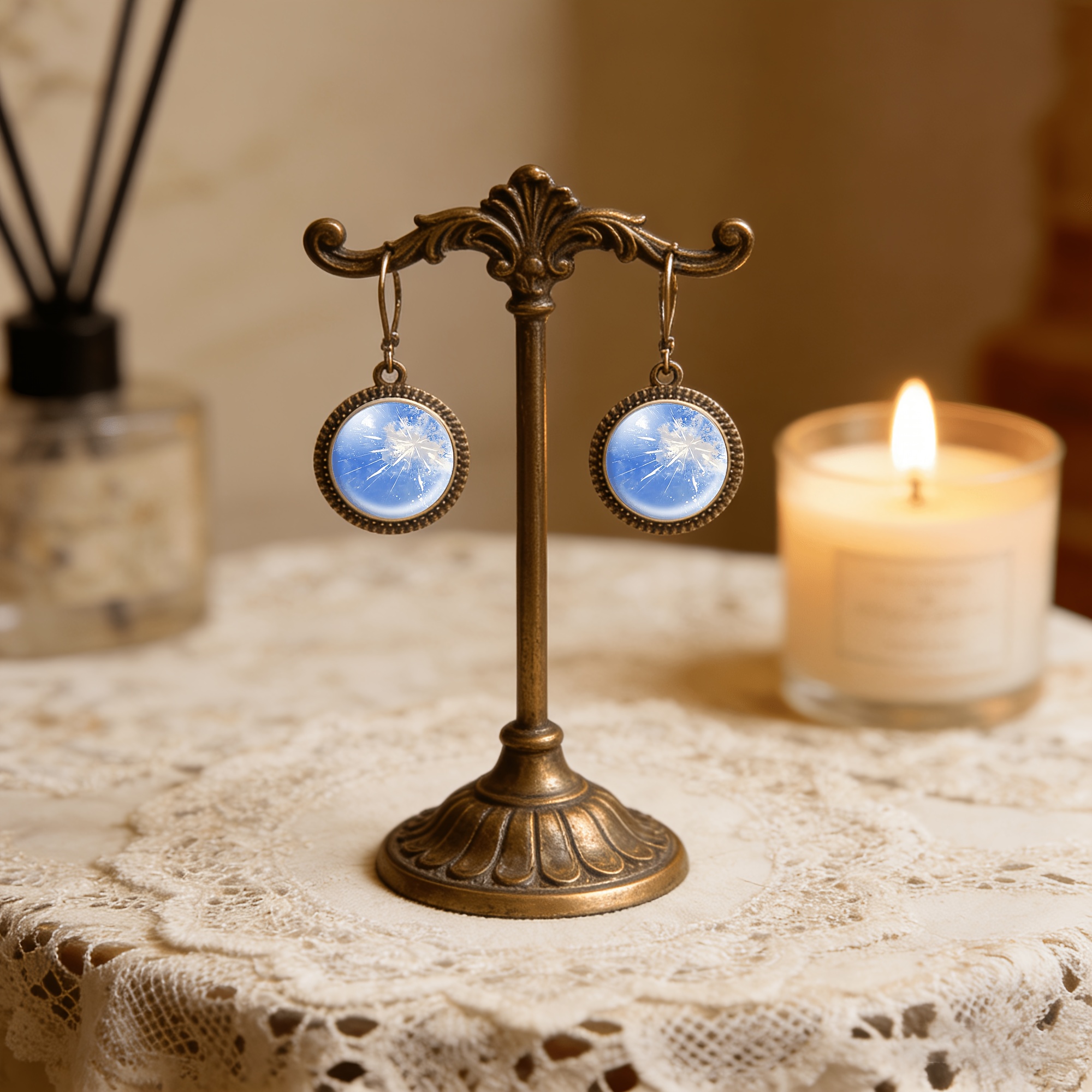 2pc Blue Classic Pendant Earrings Set, Radiating Pattern Design
